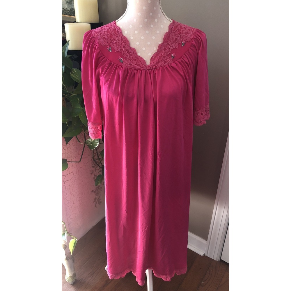 Vintage Shadowline Hot Pink Nightgown Short Nylon Lace Rosettes Women's Medium